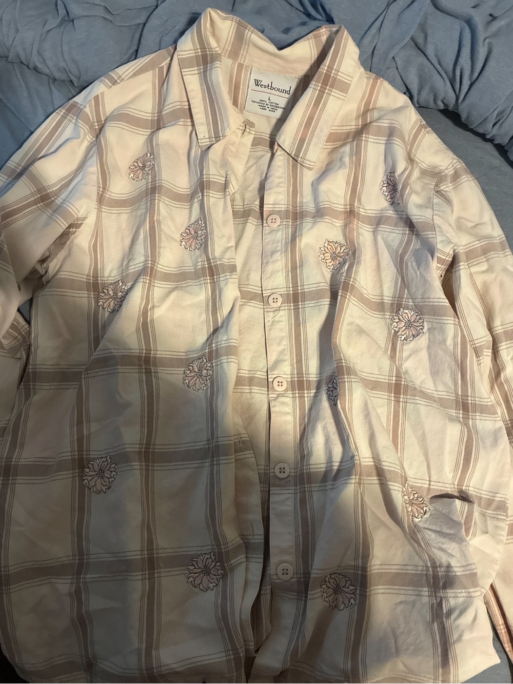 Westbound Women's Beige Plaid Button-Down Shirt with Embroidered Florals
